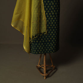 Ajrakh Hand Block Print Natural Dyed 2pc Cotton Unstitched Dress Material Kurta Set with Jewellery 07