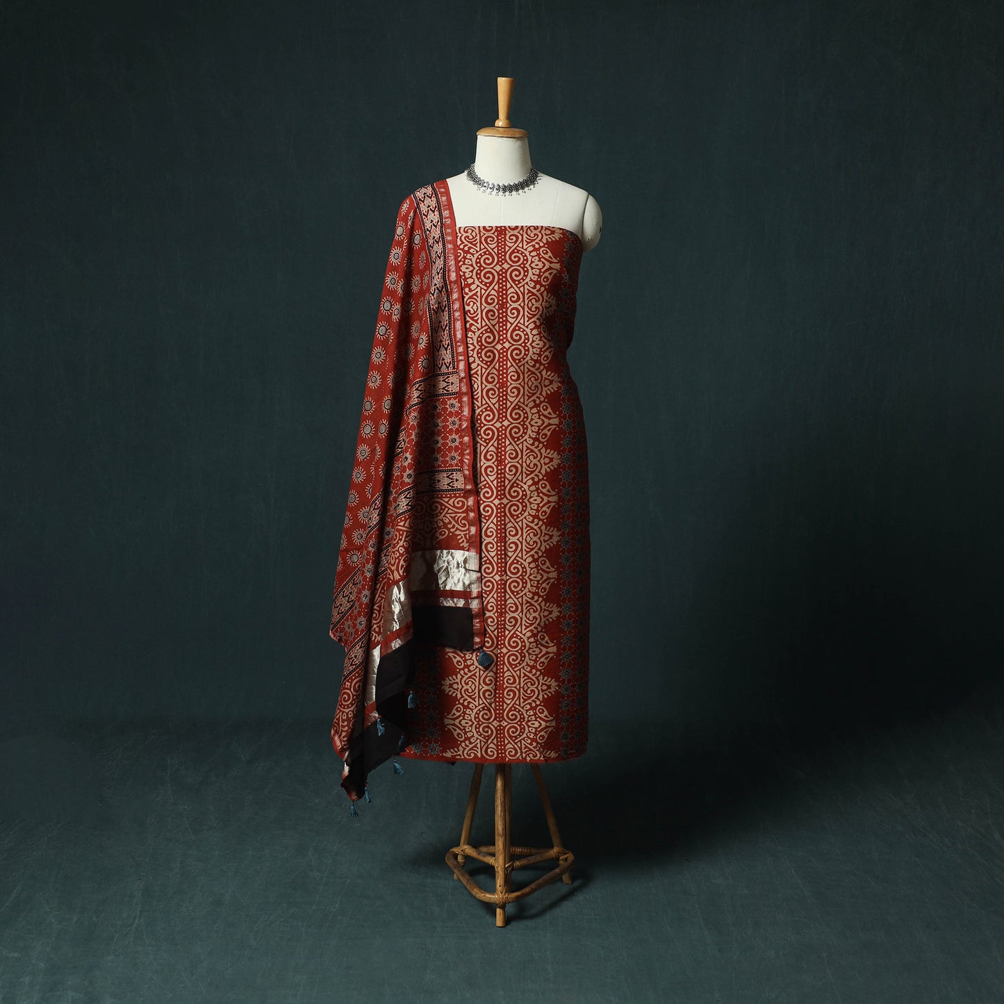 Red - Ajrakh Hand Block Print Chanderi Silk Natural Dyed 2pc Unstitched Dress Material Kurta Set 04