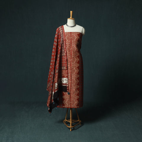 Red - Ajrakh Hand Block Print Chanderi Silk Natural Dyed 2pc Unstitched Dress Material Kurta Set 04