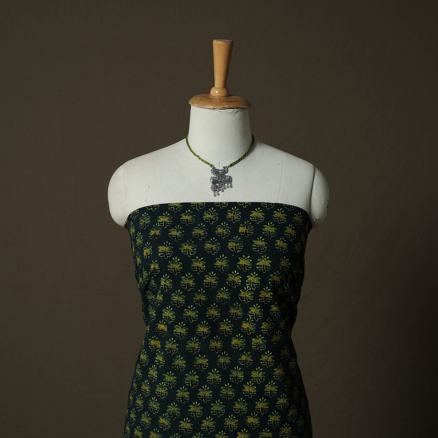 Ajrakh Hand Block Print Natural Dyed 2pc Cotton Unstitched Dress Material Kurta Set with Jewellery 07