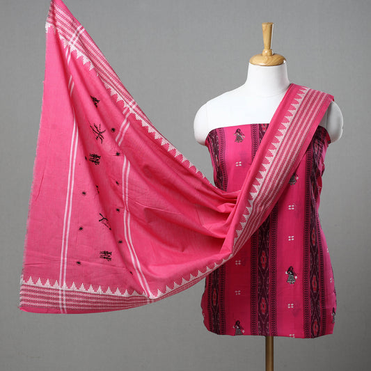 Pink - 3pc Ikat Cotton Handloom Sambalpuri Dress Material 15