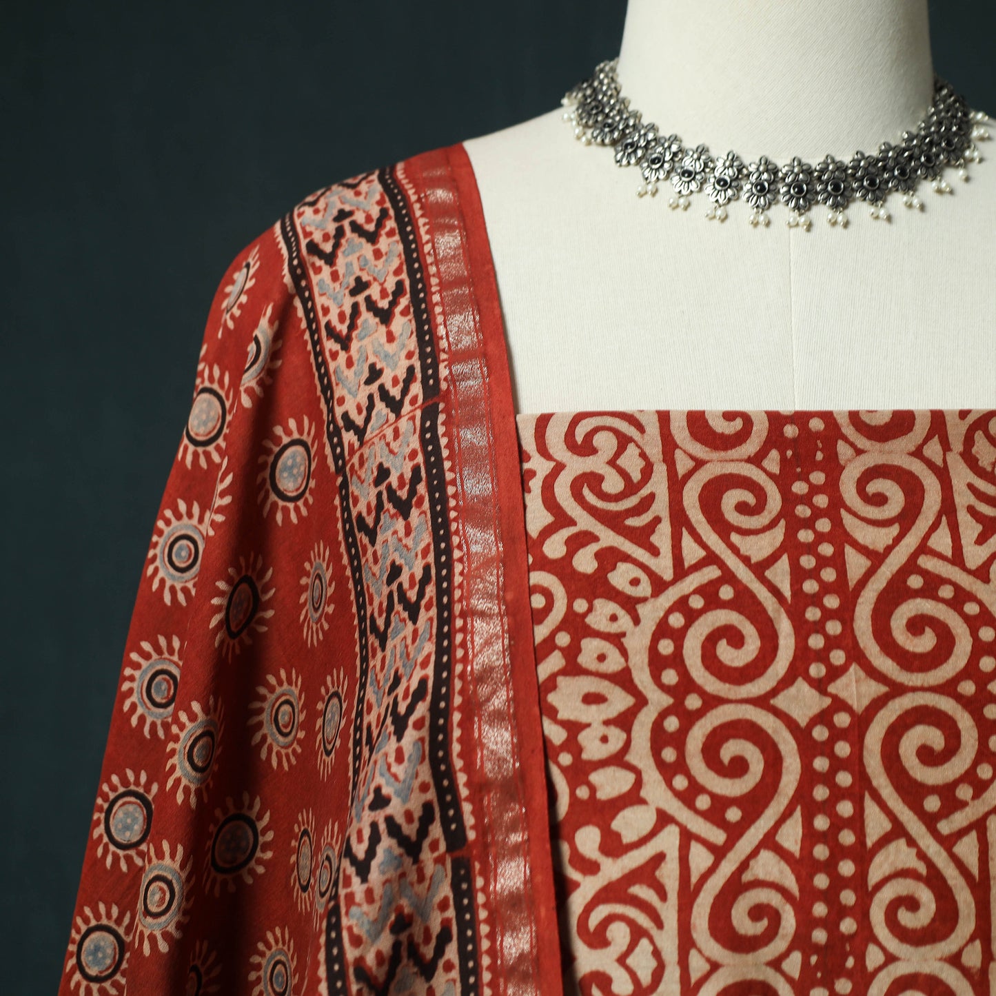 Red - Ajrakh Hand Block Print Chanderi Silk Natural Dyed 2pc Unstitched Dress Material Kurta Set 04