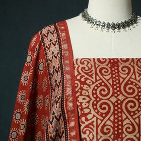 Red - Ajrakh Hand Block Print Chanderi Silk Natural Dyed 2pc Unstitched Dress Material Kurta Set 04