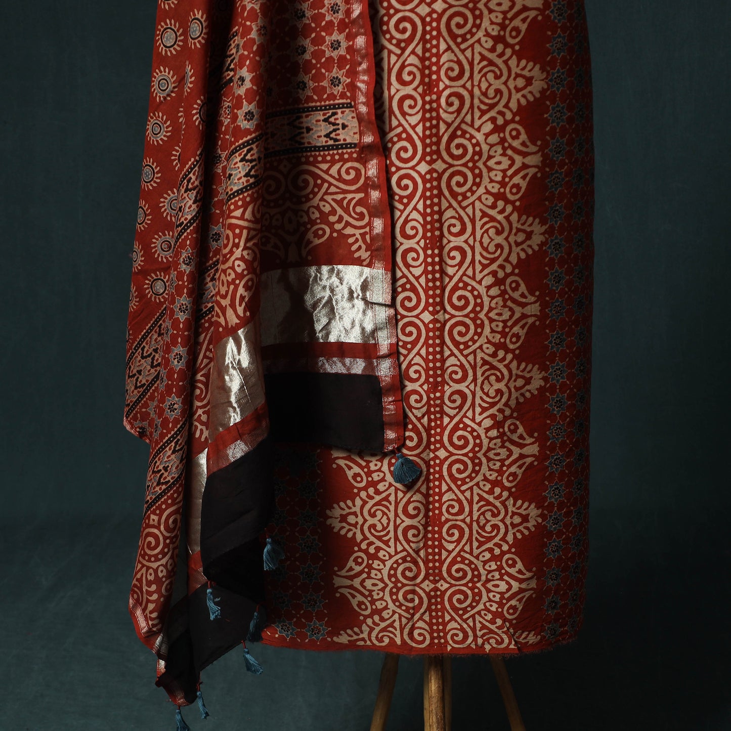 Red - Ajrakh Hand Block Print Chanderi Silk Natural Dyed 2pc Unstitched Dress Material Kurta Set 04