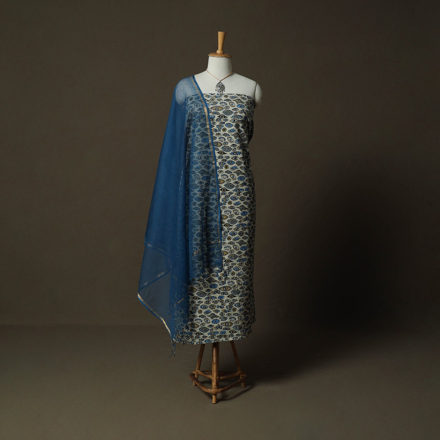 Ajrakh Hand Block Print Natural Dyed 2pc Cotton Unstitched Dress Material Kurta Set with Jewellery 08