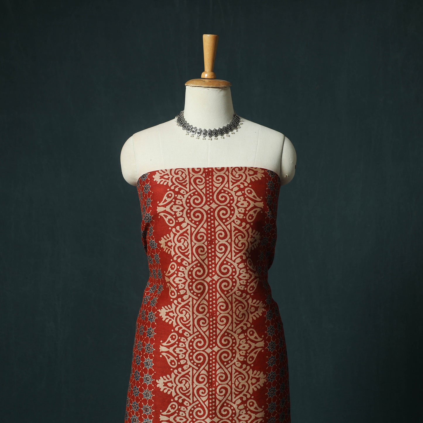 Red - Ajrakh Hand Block Print Chanderi Silk Natural Dyed 2pc Unstitched Dress Material Kurta Set 04