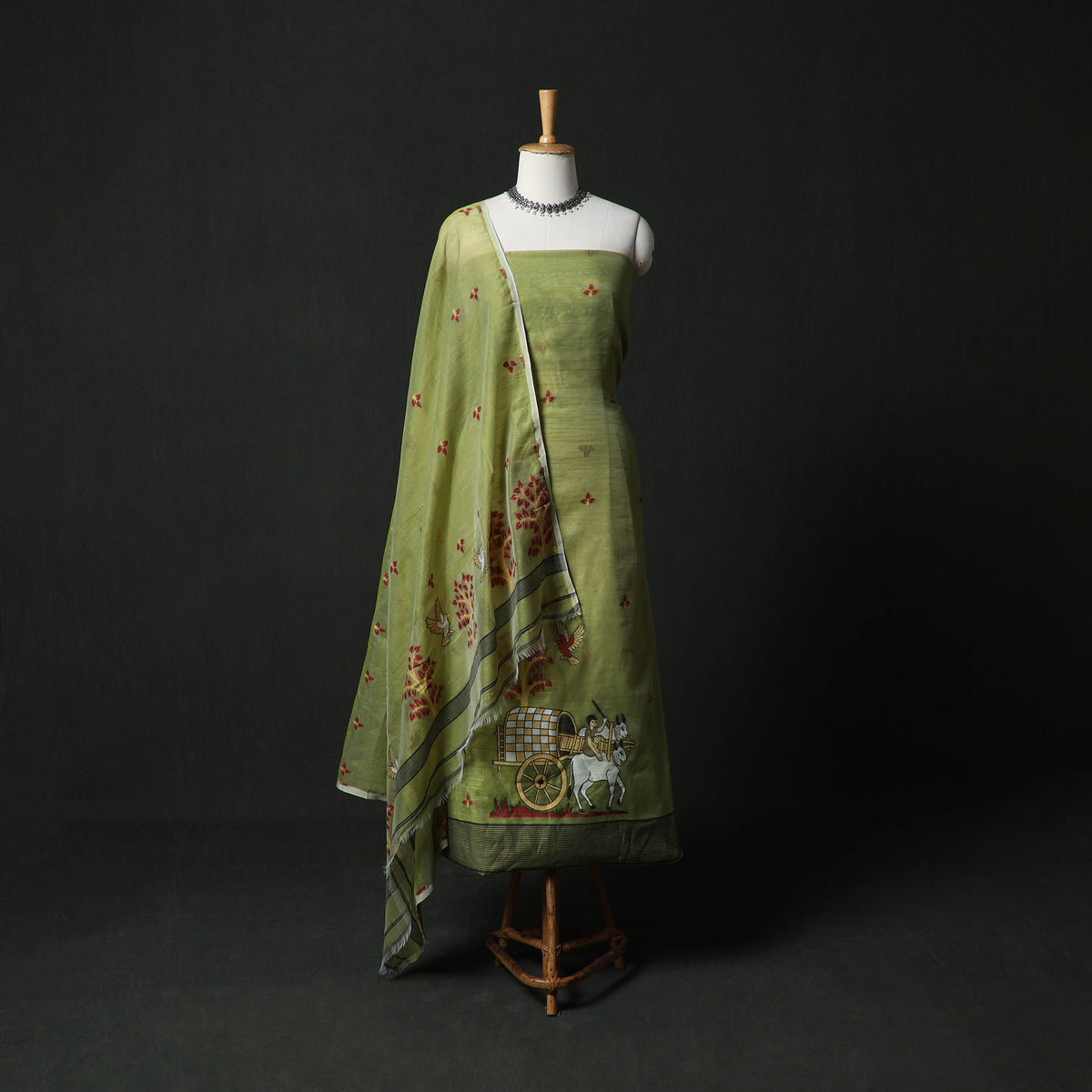 Green - Jamdani Silk Cotton 2pc Unstitched Dress Material Kurta Set 15
