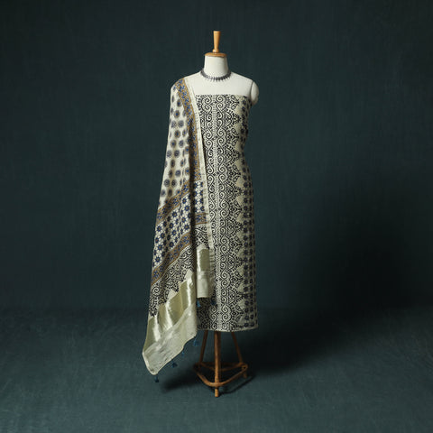 Beige - Ajrakh Hand Block Print Chanderi Silk Natural Dyed 2pc Unstitched Dress Material Kurta Set 05