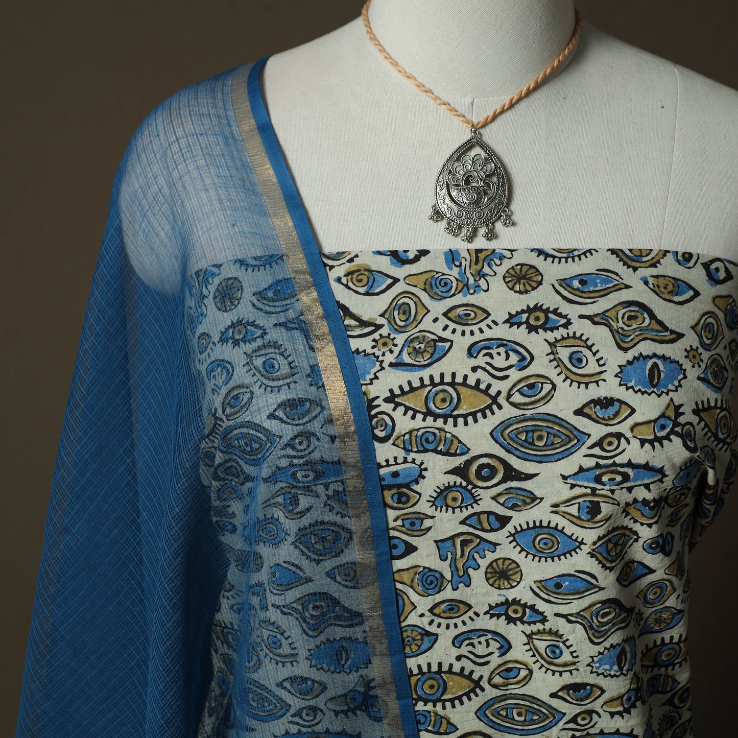 Ajrakh Hand Block Print Natural Dyed 2pc Cotton Unstitched Dress Material Kurta Set with Jewellery 08
