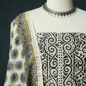 Beige - Ajrakh Hand Block Print Chanderi Silk Natural Dyed 2pc Unstitched Dress Material Kurta Set 05