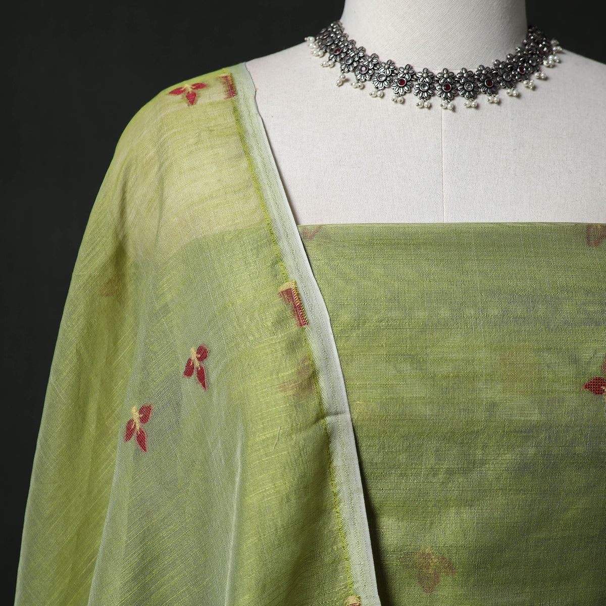 Green - Jamdani Silk Cotton 2pc Unstitched Dress Material Kurta Set 15