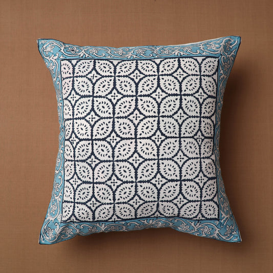 Blue - Sanganeri Block Printed Cotton Cushion Cover (16 x 16 in)