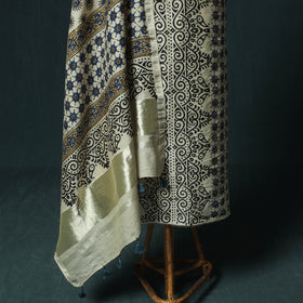 Beige - Ajrakh Hand Block Print Chanderi Silk Natural Dyed 2pc Unstitched Dress Material Kurta Set 05