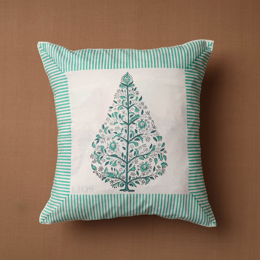 Green - Sanganeri Block Printed Cotton Cushion Cover (16 x 16 in)