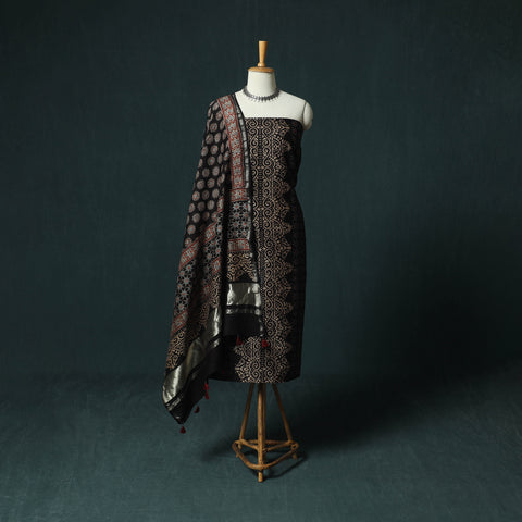 Black - Ajrakh Hand Block Print Chanderi Silk Natural Dyed 2pc Unstitched Dress Material Kurta Set 06
