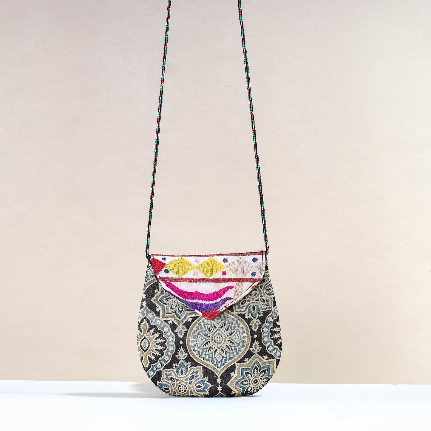 Black - Handcrafted Ajrakh Mashru Silk Sling Bag with Embroidery Flap