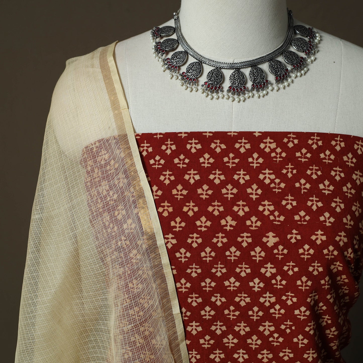 Maroon - Ajrakh Hand Block Print Natural Dyed 2pc Cotton Unstitched Dress Material Kurta Set with Jewellery 09