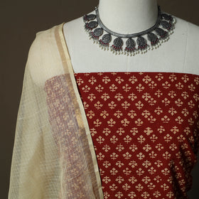 Maroon - Ajrakh Hand Block Print Natural Dyed 2pc Cotton Unstitched Dress Material Kurta Set with Jewellery 09