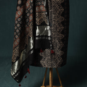 Black - Ajrakh Hand Block Print Chanderi Silk Natural Dyed 2pc Unstitched Dress Material Kurta Set 06