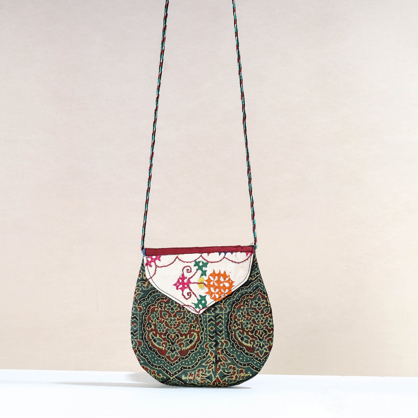 Green - Handcrafted Ajrakh Mashru Silk Sling Bag with Embroidery Flap