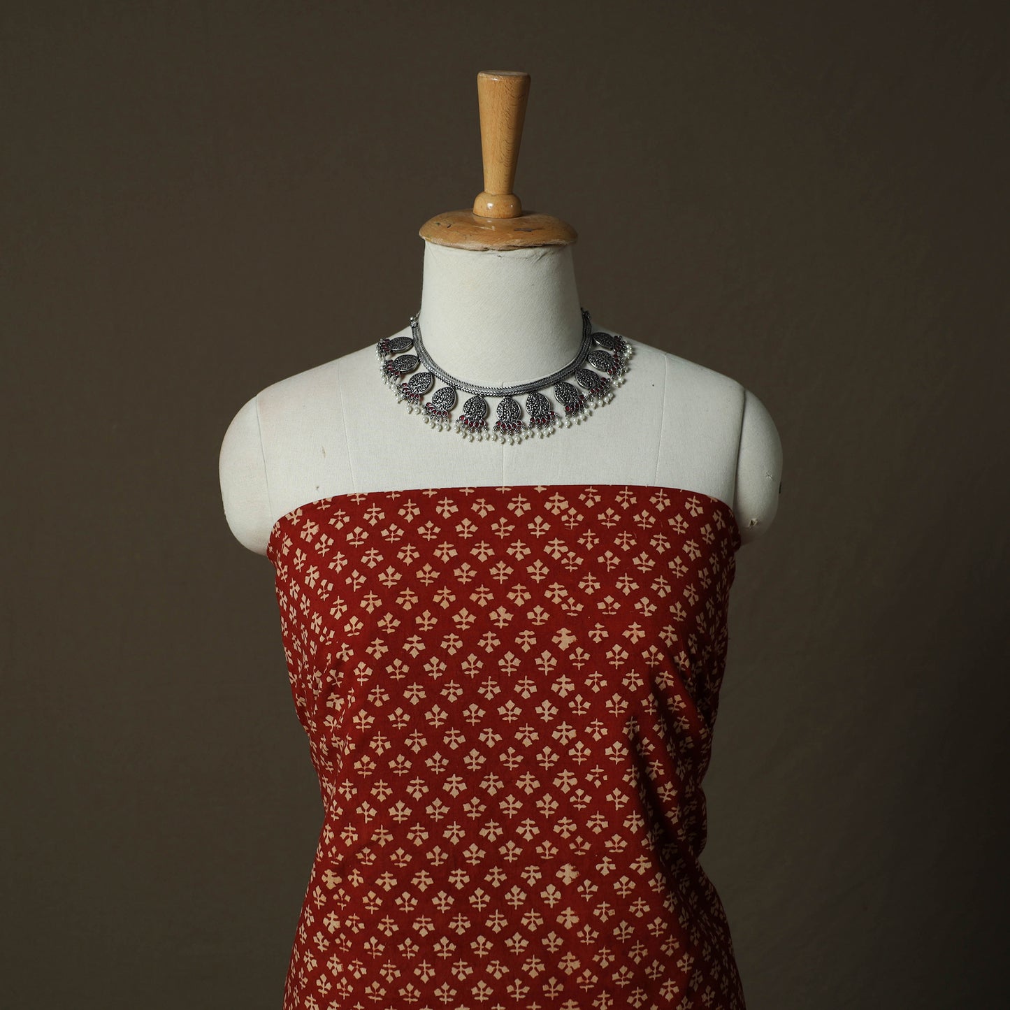 Maroon - Ajrakh Hand Block Print Natural Dyed 2pc Cotton Unstitched Dress Material Kurta Set with Jewellery 09
