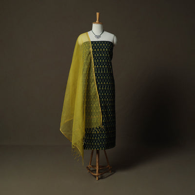 Ajrakh Hand Block Print Natural Dyed 2pc Cotton Unstitched Dress Material Kurta Set with Jewellery 10