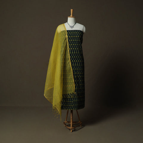 Ajrakh Hand Block Print Natural Dyed 2pc Cotton Unstitched Dress Material Kurta Set with Jewellery 10