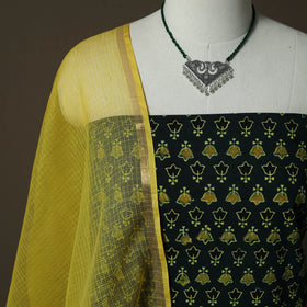 Ajrakh Hand Block Print Natural Dyed 2pc Cotton Unstitched Dress Material Kurta Set with Jewellery 10