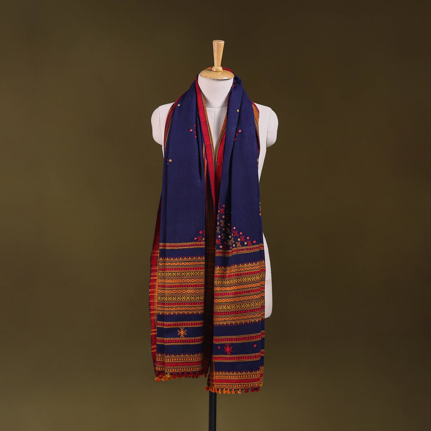 Blue - Kutch Bhujodi Handwoven Mirror Work Acrylic Wool Shawl 116