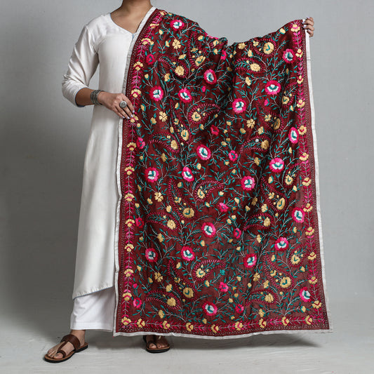 Maroon - Ranihati Chanderi Silk Chapa Work Phulkari Embroidered Dupatta