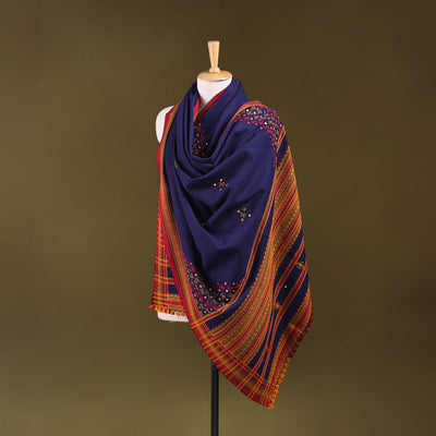 Blue - Kutch Bhujodi Handwoven Mirror Work Acrylic Wool Shawl 116