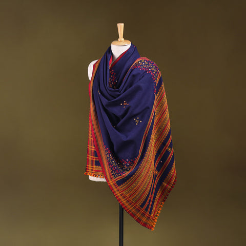 Blue - Kutch Bhujodi Handwoven Mirror Work Acrylic Wool Shawl 116