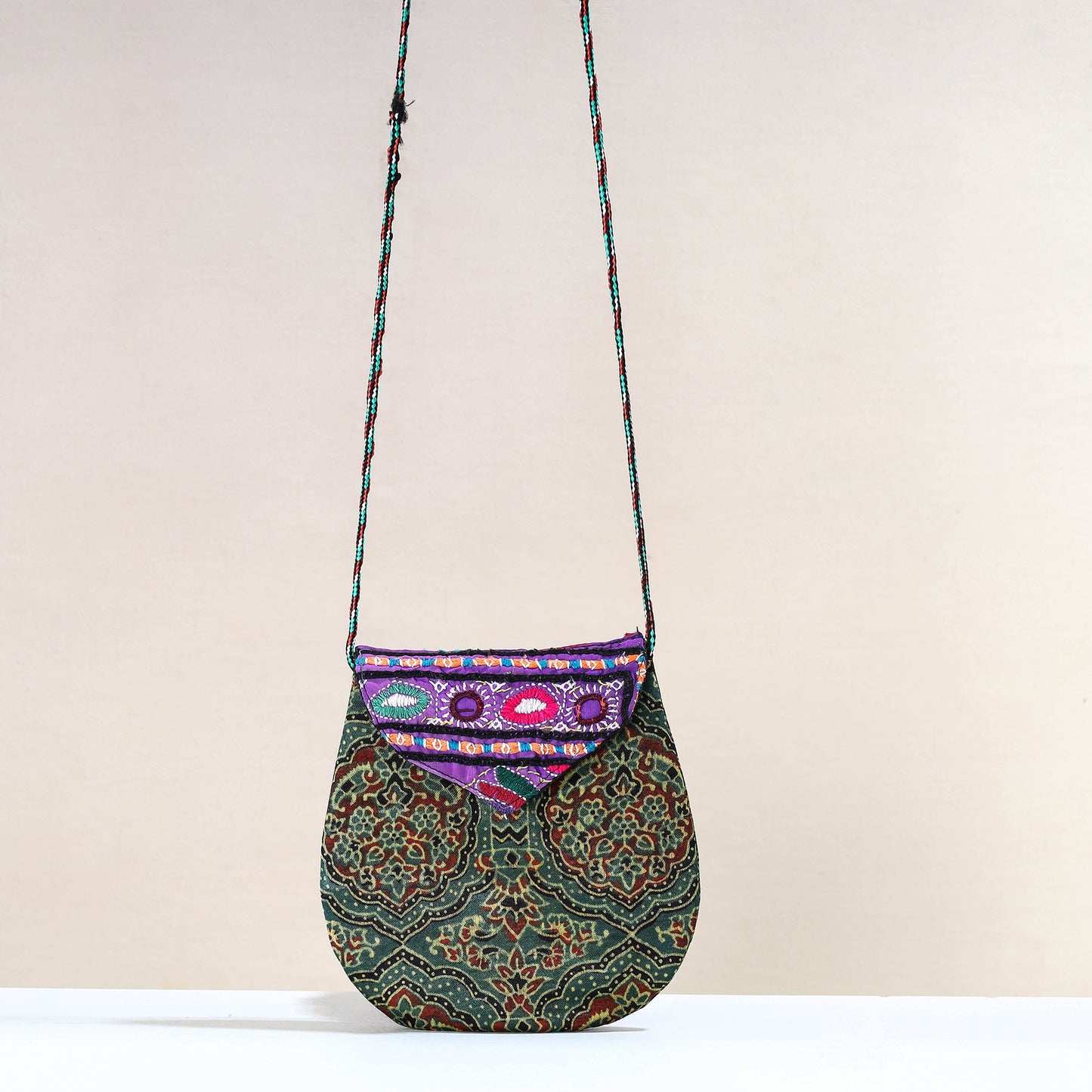 Green - Handcrafted Ajrakh Mashru Silk Sling Bag with Embroidery Flap