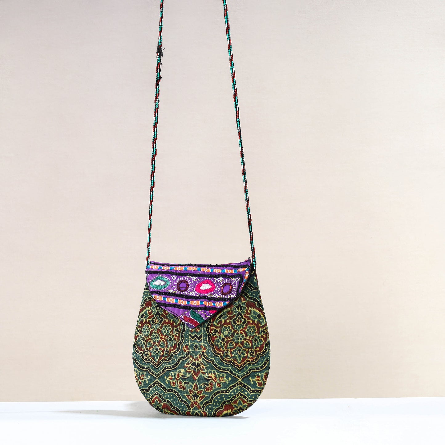 Green - Handcrafted Ajrakh Mashru Silk Sling Bag with Embroidery Flap