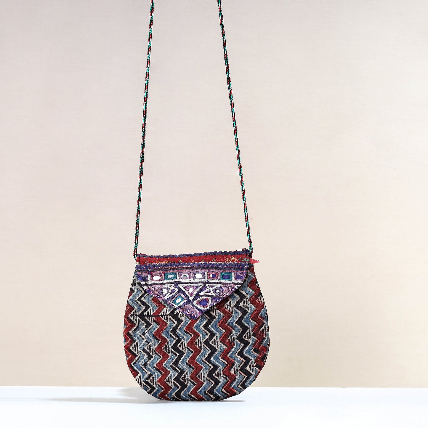 Multicolor - Handcrafted Ajrakh Mashru Silk Sling Bag with Embroidery Flap