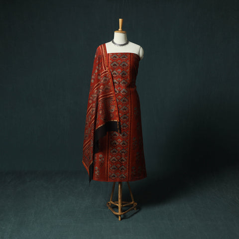 Red - Ajrakh Hand Block Print Chanderi Silk Natural Dyed 2pc Unstitched Dress Material Kurta Set 09