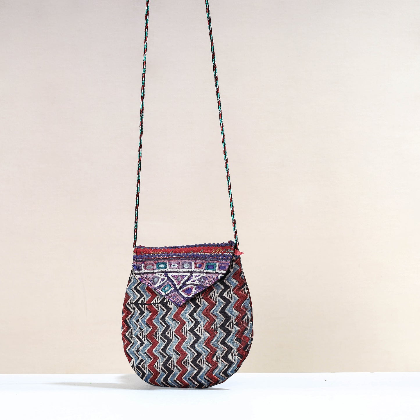 Multicolor - Handcrafted Ajrakh Mashru Silk Sling Bag with Embroidery Flap