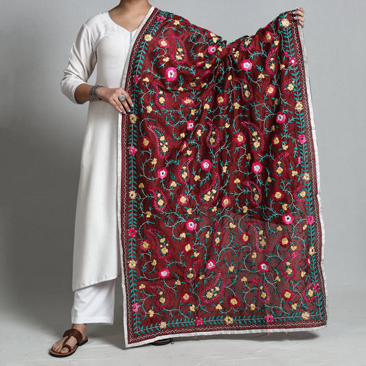 Maroon - Ranihati Chanderi Silk Chapa Work Phulkari Embroidered Dupatta