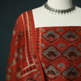 Red - Ajrakh Hand Block Print Chanderi Silk Natural Dyed 2pc Unstitched Dress Material Kurta Set 09