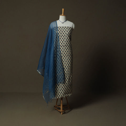 Ajrakh Hand Block Print Natural Dyed 2pc Cotton Unstitched Dress Material Kurta Set with Jewellery 13