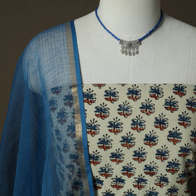 Ajrakh Hand Block Print Natural Dyed 2pc Cotton Unstitched Dress Material Kurta Set with Jewellery 13