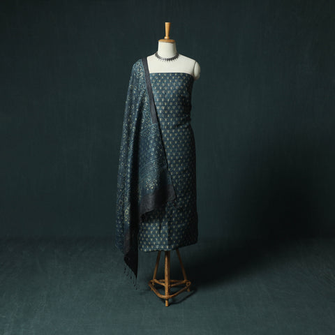Blue - Ajrakh Natural Dyed Hand Block Print Handloom Tussar Silk 2pc Unstitched Dress Material Kurta Set 10