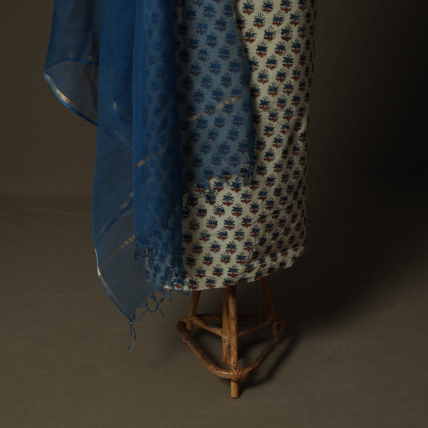 Ajrakh Hand Block Print Natural Dyed 2pc Cotton Unstitched Dress Material Kurta Set with Jewellery 13
