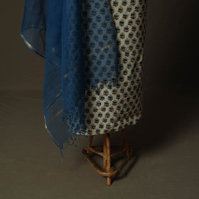 Ajrakh Hand Block Print Natural Dyed 2pc Cotton Unstitched Dress Material Kurta Set with Jewellery 13