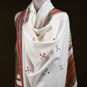 White - Kutch Bhujodi Handwoven Mirror Work Acrylic Wool Shawl 117