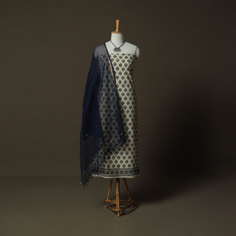 Ajrakh Hand Block Print Natural Dyed 2pc Cotton Unstitched Dress Material Kurta Set with Jewellery 14