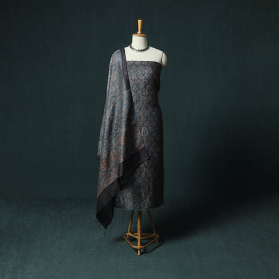 Blue - Ajrakh Natural Dyed Hand Block Print Handloom Tussar Silk 2pc Unstitched Dress Material Kurta Set 11