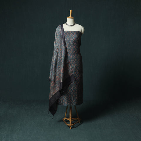 Blue - Ajrakh Natural Dyed Hand Block Print Handloom Tussar Silk 2pc Unstitched Dress Material Kurta Set 11