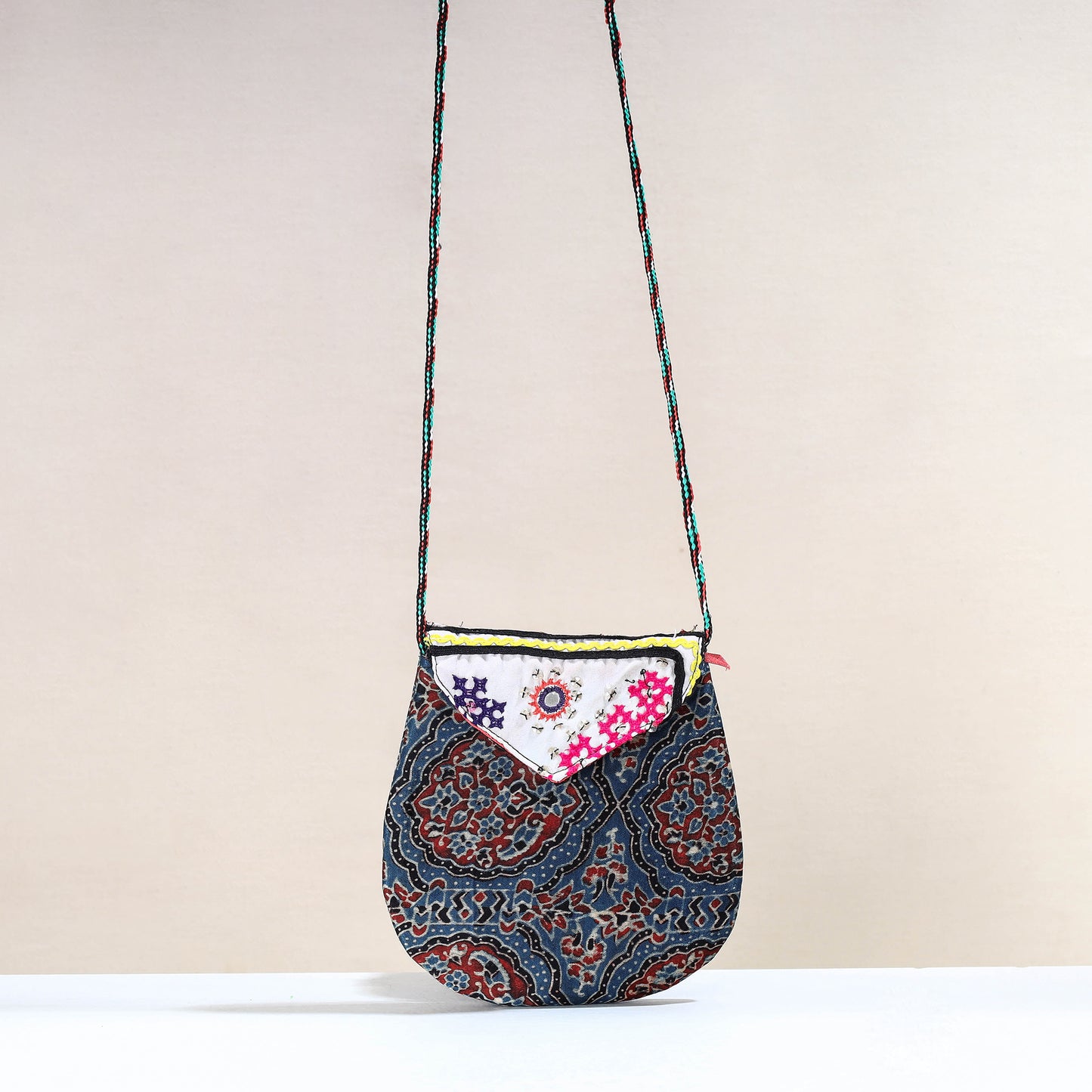 Blue - Handcrafted Ajrakh Mashru Silk Sling Bag with Embroidery Flap