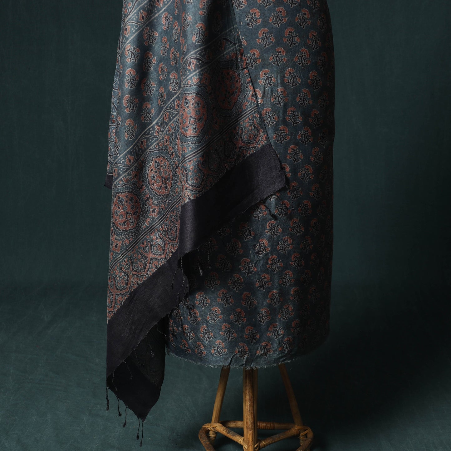 Blue - Ajrakh Natural Dyed Hand Block Print Handloom Tussar Silk 2pc Unstitched Dress Material Kurta Set 11